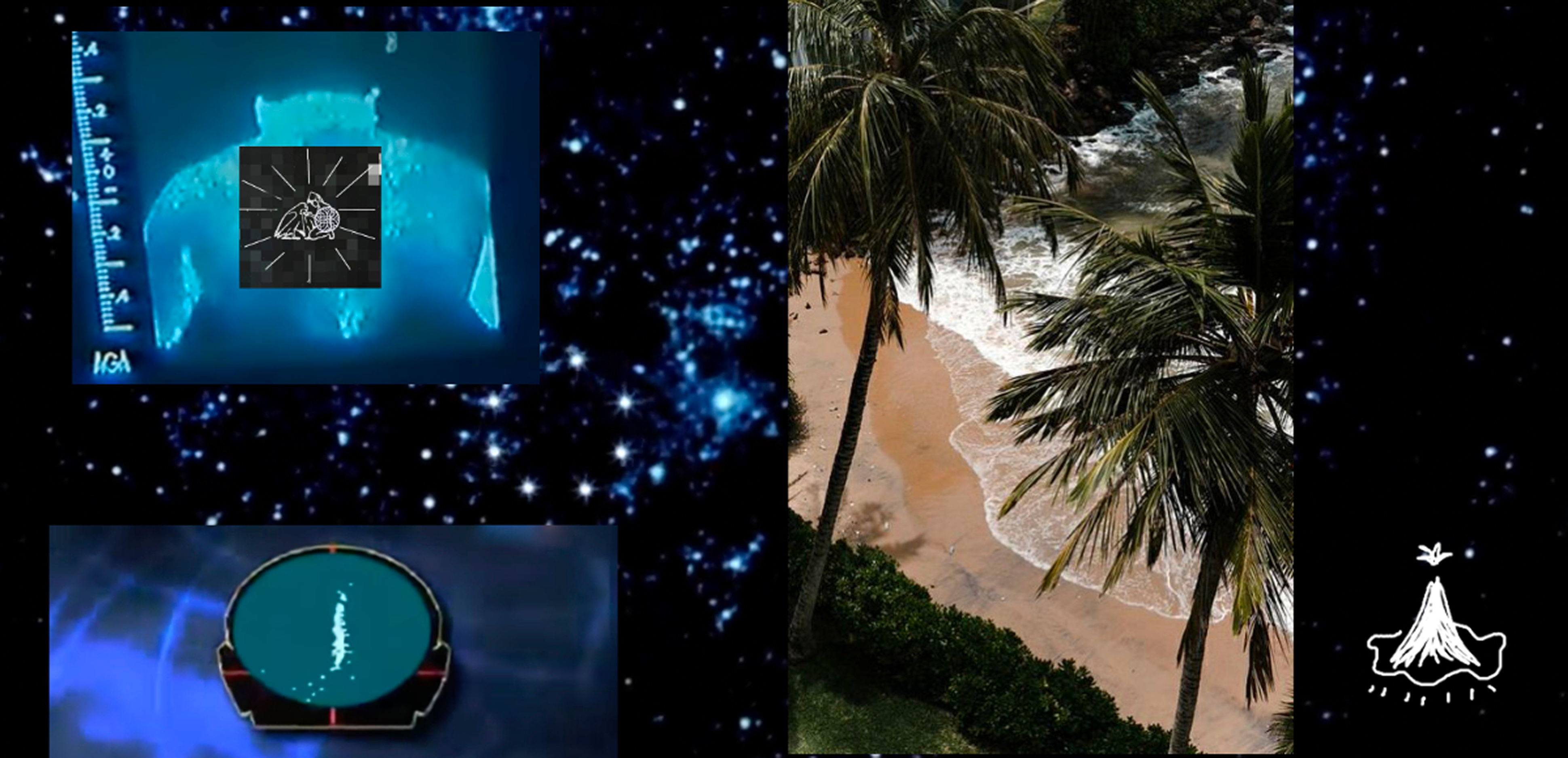 Entropical Islands collage with signal screens, coastline, star field, and island mark.