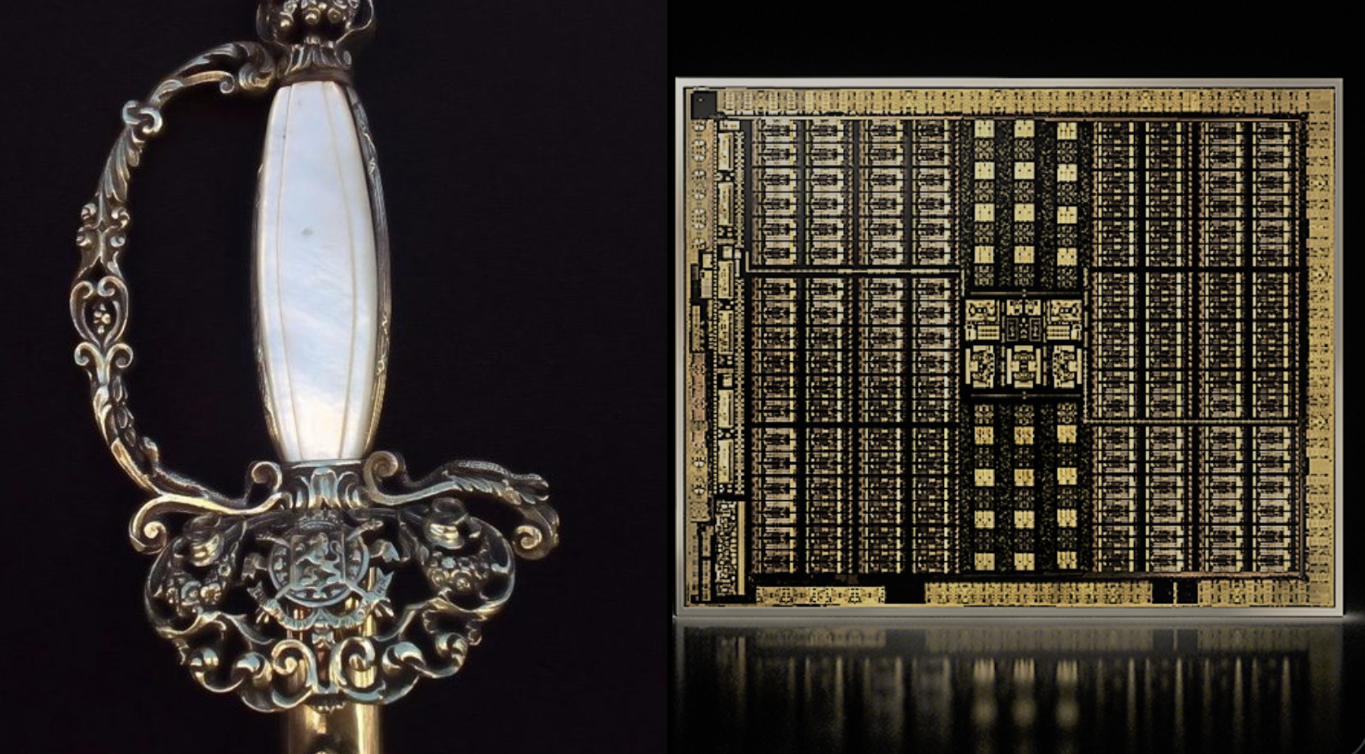 A mirrored scepter beside a chip-like architectural plate, used as a computational monarchy image.